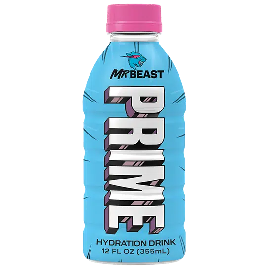 Blue hydration drink bottle with pink cap labeled 'PRIME' by MrBeast on a white background