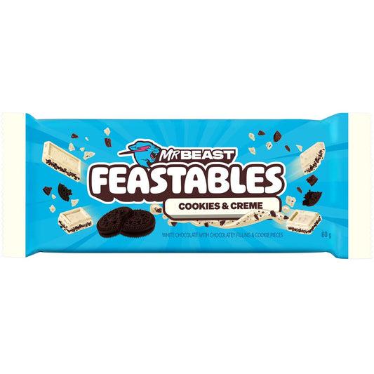 Blue package of Mr. Beast Feastables Cookies & Creme on a white background