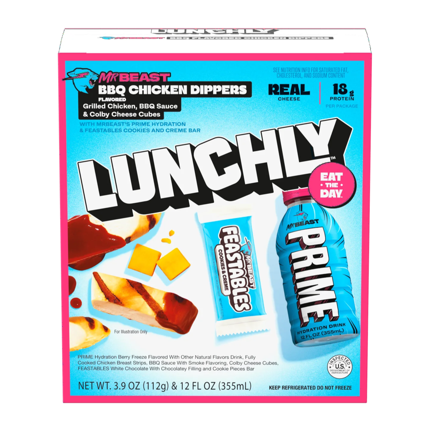 Lunchly meal kit packaging with various food items and branding on a white background
