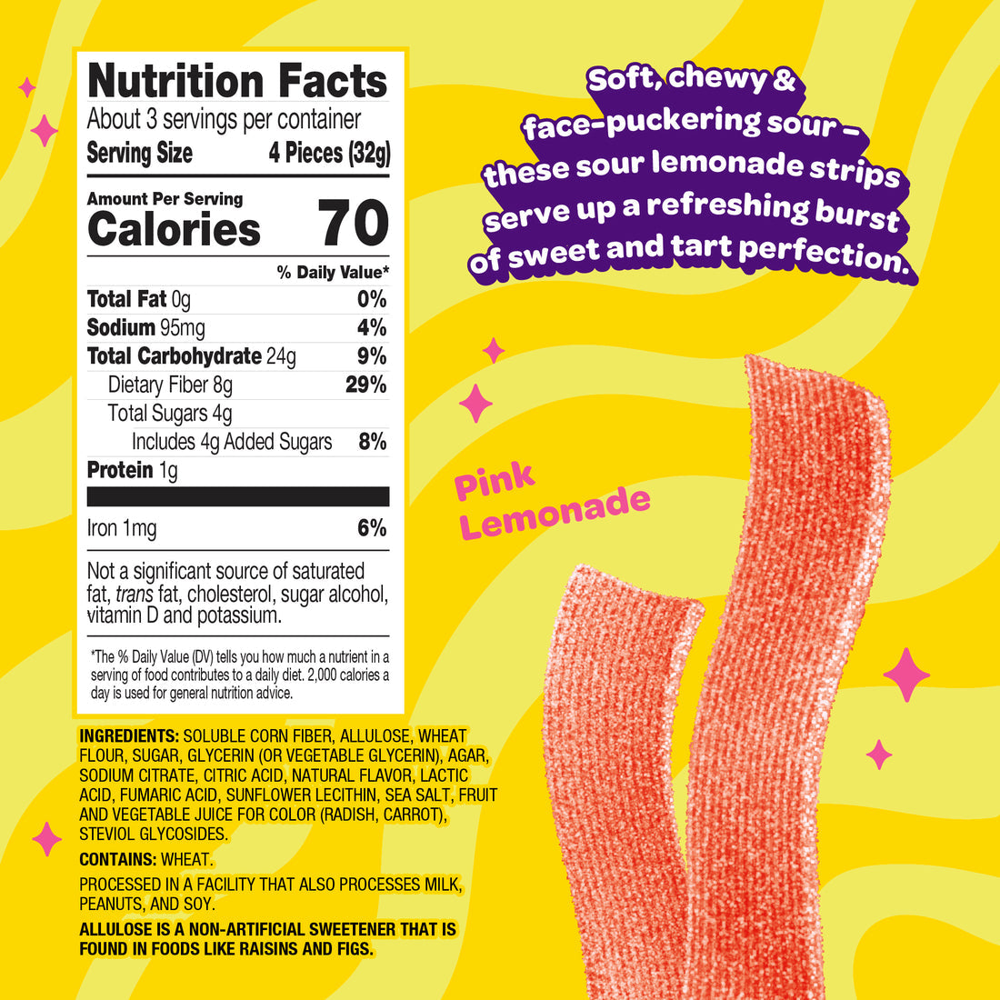 Nutrition facts label and pink lemonade strips on a yellow background