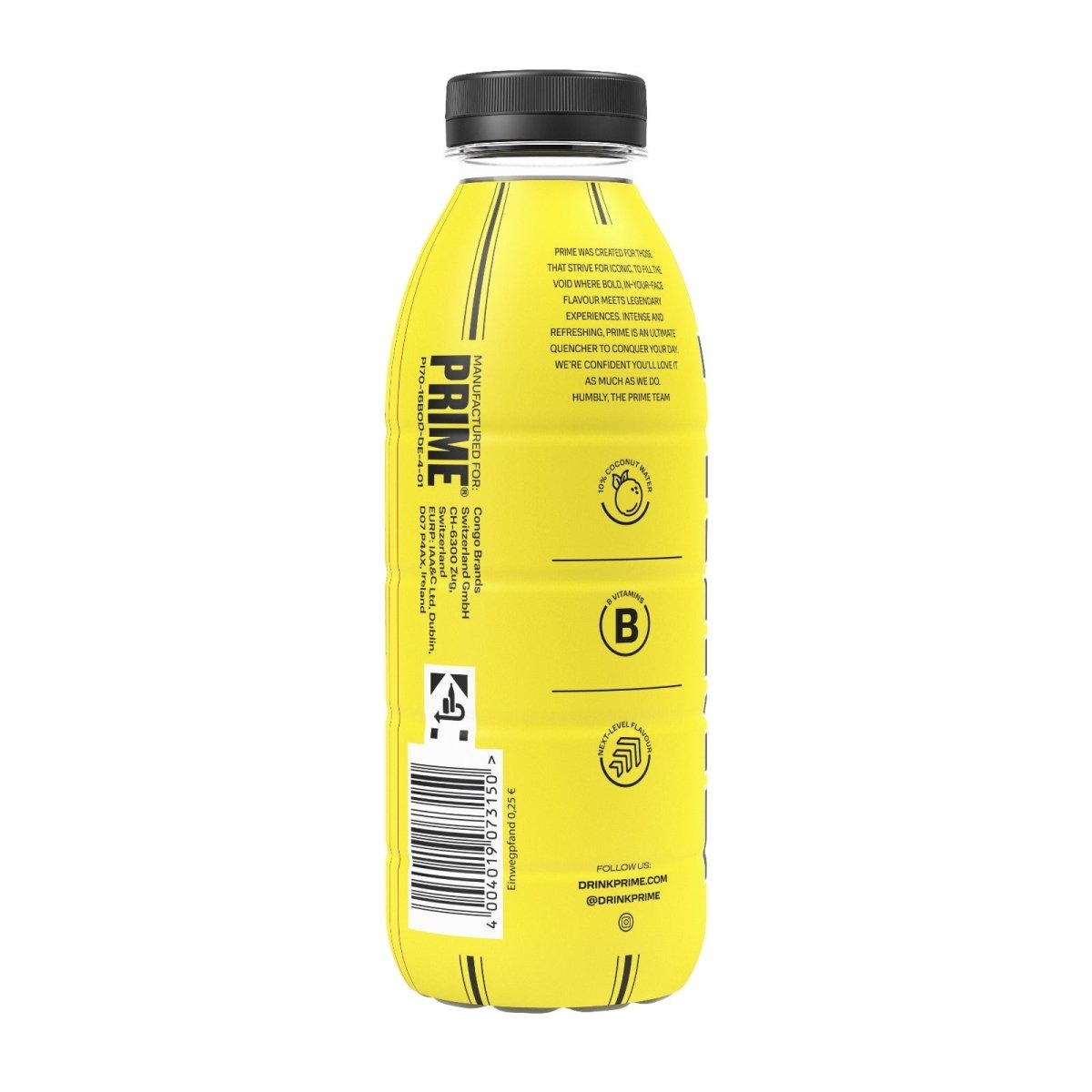 Prime Borussia Dortmund bottle with black cap on a white background