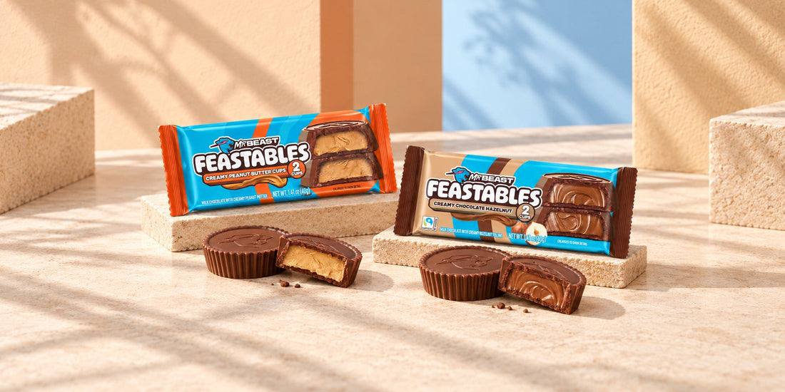 Editorial illustration of Feastables Peanut Butter Cups and Chocolate Hazelnut Cups