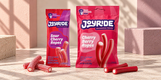 Editorial illustration of JOYRIDE Sour Cherry Ropes and Cherry Berry Ropes