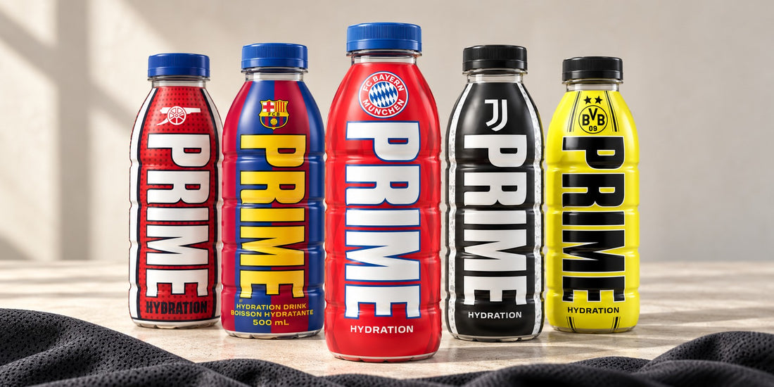 PRIME Arsenal, Barcelona, Bayern Munich, Juventus and Borussia Dortmund club bottles arranged on stone