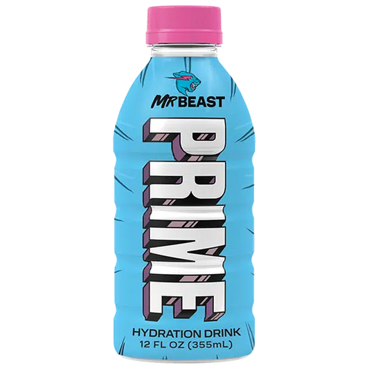 Blue hydration drink bottle with pink cap labeled 'PRIME' by MrBeast on a white background