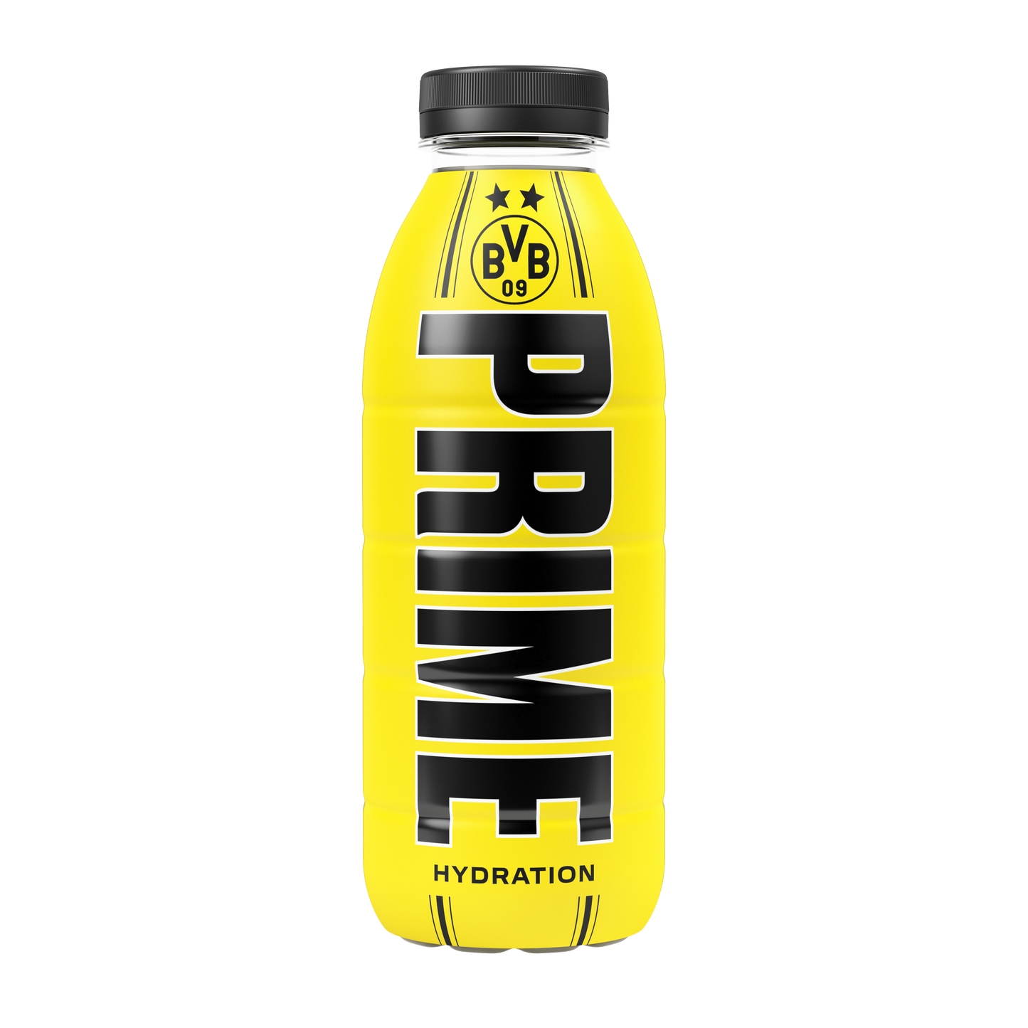 Prime Borussia Dortmund bottle with black cap on a white background