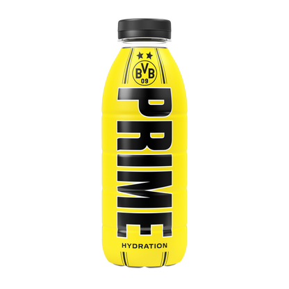 Prime Borussia Dortmund bottle with black cap on a white background