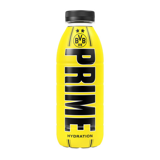 Prime Borussia Dortmund bottle with black cap on a white background