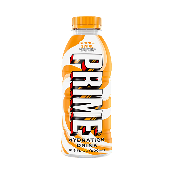 Orange and white Prime hydration drink bottle on a white background